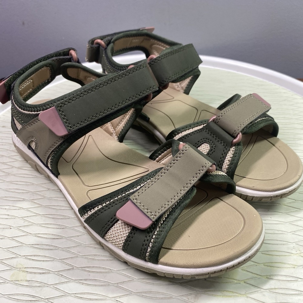 Lands End Everyday Womens Sandals Army Green&Pink‎ Adjustable Sz.9B EUC